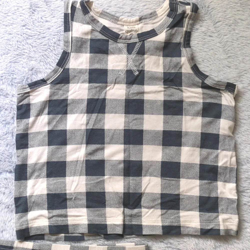 NWOT/EUC 2T Kate Quinn topstitch tank and short set slate blue gingham bamboo